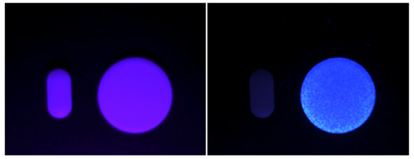 Paracetamol based tablet and Aspirin based effervescent tablet under 385nm LED light (left) and under 285nm LED light (right)